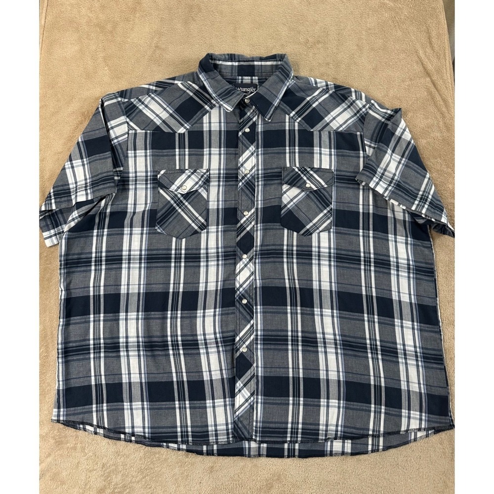 Wrangler Western Shirt Mens 3X Blue White Plaid Pearl Snap Short Sleeve Yoke EUC